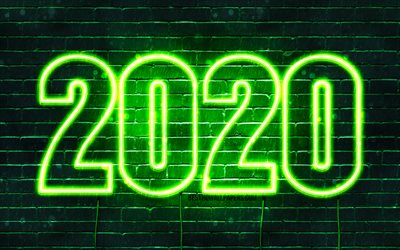 Hyv&#228;&#228; Uutta Vuotta 2020, vihre&#228; brickwall, 4k, 2020 k&#228;sitteit&#228;, 2020 vihre&#228; neon numeroa, 2020-vihre&#228; tausta, abstrakti taide, 2020 neon art, luova, 2020 vuosi numeroa
