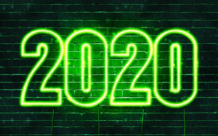 Happy New Year 2020, green brickwall, 4k, 2020 concepts, 2020 green neon digits, 2020 on green background, abstract art, 2020 neon art, creative, 2020 year digits