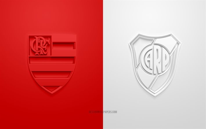 Flamengo vs River plate, 2019 de la Copa Libertadores, des logos 3D, final, rouge, fond blanc, mat&#233;riel promotionnel, match de football, CR Flamengo, Copa Libertadores, River plate