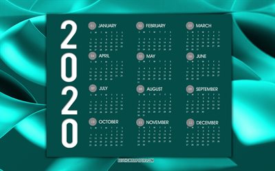 Turquoise 2020 calendar, turquoise background, Stylish calendar 2020, calendar with all months 2020, 2020 concepts, 2020 New Year
