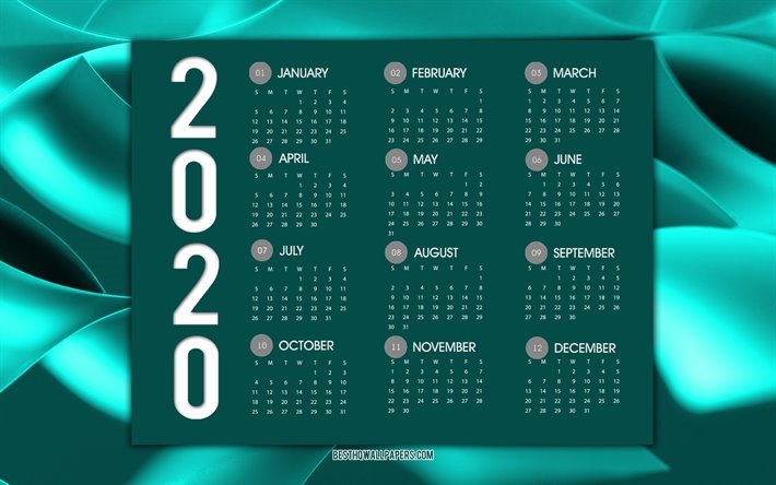 Turkos 2020 kalender, turkos bakgrund, Snygg kalender 2020, kalender med alla m&#229;nader 2020, 2020 begrepp, 2020 Nytt &#197;r