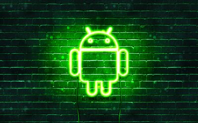 Android yeşil logo, 4k, yeşil brickwall, Android logosu, marka, Android neon logo, Android