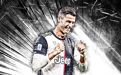 Cristiano Ronaldo, grunge art, 2019, Juventus FC, white abstract rays, CR7, portuguese footballers, Italy, CR7 Juve, Bianconeri, Serie A, soccer, football stars