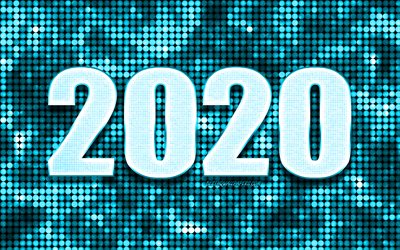 Blue 2020 background, Happy New Year 2020, Blue abstract background, 2020 concepts, 2020 New Year, Blue 2020 metal art, Glitter 2020 background