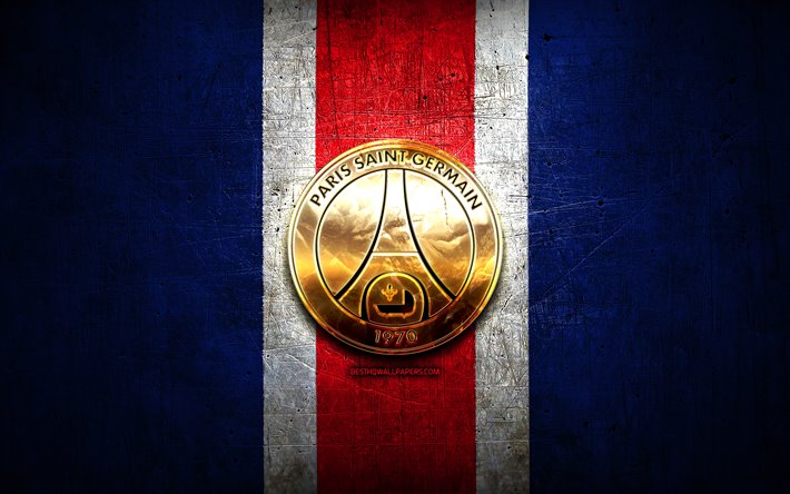 Download wallpapers PSG, golden logo, Ligue 1, blue metal background