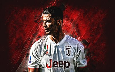 Cristiano Ronaldo, Juventus red logo, Portuguese soccer player, forward, CR7, portrait, Juventus FC, Serie A, Italy, football
