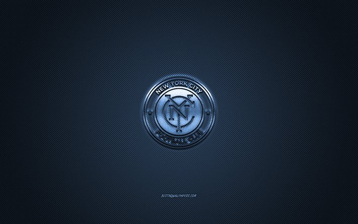 New York City FC, MLS, American soccer club di Major League Soccer, logo blu, blu contesto in fibra di carbonio, calcio, New York, USA, logo