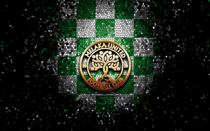 Melaka United FC, logo glitter, Malaysia Super League, verde sfondo a scacchi bianchi, calcio, squadra di calcio malese, Melaka United logo, arte del mosaico, Melaka United