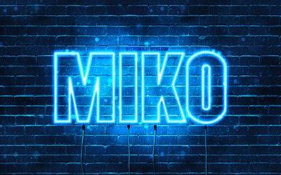Buon Compleanno Miko, 4k, luci al neon blu, nome Miko, creativo, Miko Buon Compleanno, Miko Compleanno, nomi maschili giapponesi popolari, foto con nome Miko, Miko
