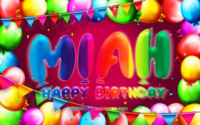誕生日おめでとう, 4k, カラフルなバルーンフレーム, ミアの名前, 紫の背景, ミアの誕生日, 人気のアメリカ人女性の名前, 誕生日のコンセプト, ミア