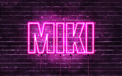 Joyeux anniversaire Miki, 4k, n&#233;ons roses, nom Miki, cr&#233;atif, joyeux anniversaire Miki, anniversaire Miki, noms f&#233;minins japonais populaires, photo avec nom Miki, Miki