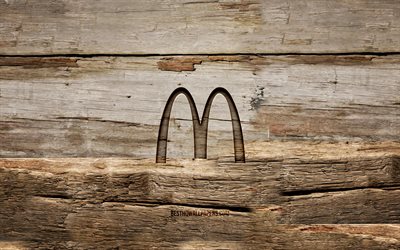 McDonalds wooden logo, 4K, wooden backgrounds, brands, McDonalds logo, creative, wood carving, McDonalds