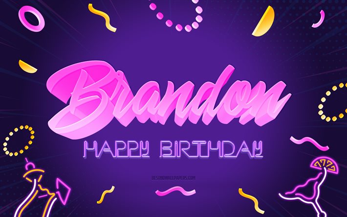 お誕生日おめでとうブランドン, 4k, 紫のパーティーの背景, ブランドン, クリエイティブアート, ブランドンの誕生日おめでとう, ブランド名, ブランドンの誕生日, 誕生日パーティーの背景