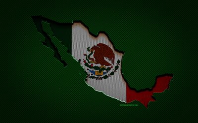 メキシコの地図, 4k, 北米諸国, Mexican flag (メキシコ国旗), グリーンカーボンの背景, メキシコの地図のシルエット, メキシコの旗, 北アメリカ, メキシコ