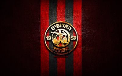 Agudat Sport Ashdod FC, golden logo, Leumit League, red metal background, football, Israeli football club, Agudat Sport Ashdod logo, soccer, Agudat Sport Ashdod