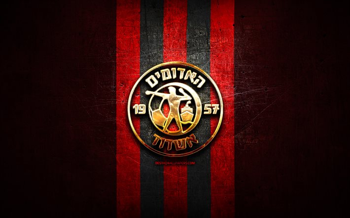 Agudat Sport Ashdod FC, logo dorato, Leumit League, rosso, metallo, sfondo, calcio, squadra di calcio Israeliana, Agudat Sport Ashdod logo, Agudat Sport Ashdod