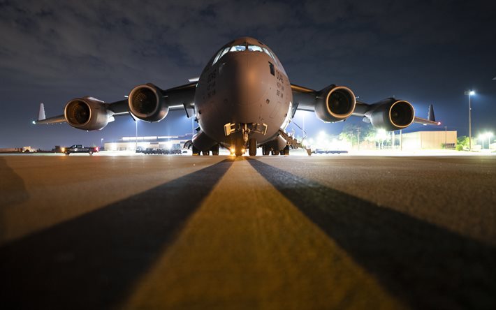 Boeing C-17 Globemaster III, US military transport aircraft, USAF, night, airfield, US Air Force, US airplanes
