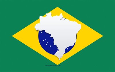 Silhueta do mapa do Brasil, Bandeira do Brasil, silhueta na bandeira, Brasil, 3d Silhueta do mapa do Brasil, Mapa do Brasil 3D