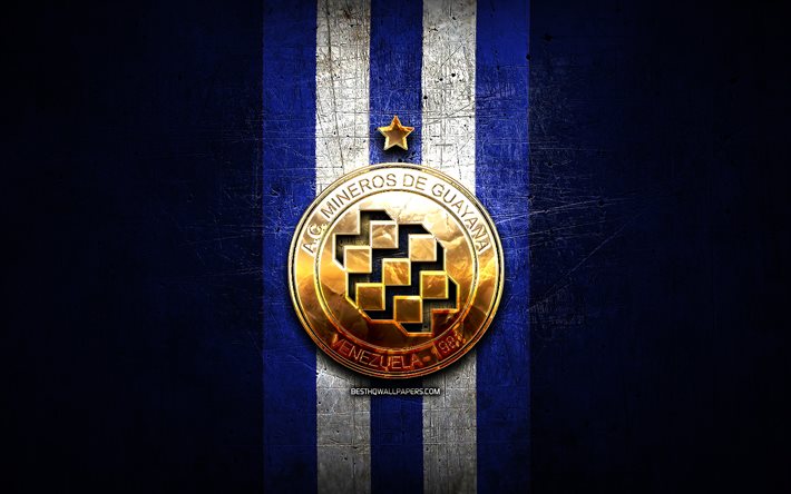 Mineros de Guayana FC, golden logo, La Liga FutVe, blue metal background, football, Venezuelan football club, Mineros de Guayana logo, soccer, Venezuelan Primera Division, ACCD Mineros de Guayana