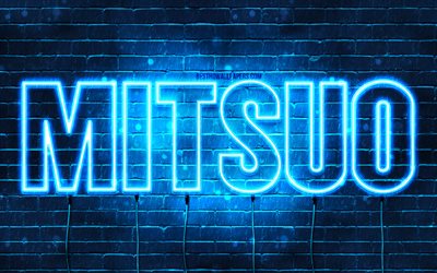 Happy Birthday Mitsuo, 4k, blue neon lights, Mitsuo name, creative, Mitsuo Happy Birthday, Mitsuo Birthday, popular japanese male names, picture with Mitsuo name, Mitsuo