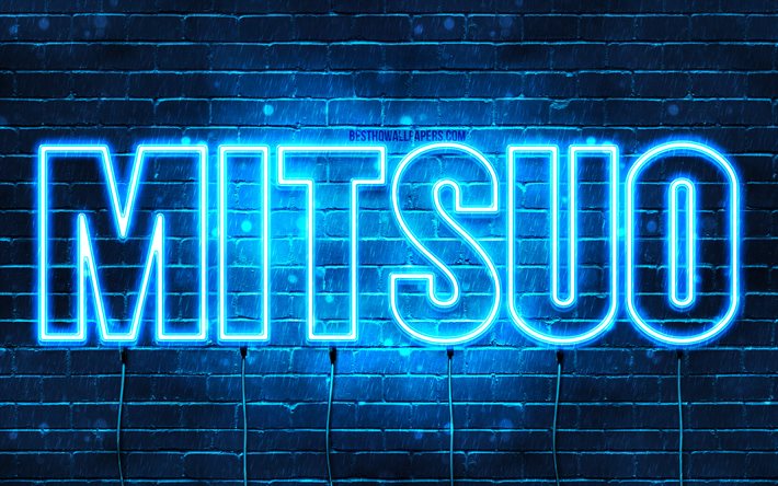Buon Compleanno Mitsuo, 4k, luci al neon blu, nome Mitsuo, creativo, Mitsuo Buon Compleanno, Compleanno Mitsuo, nomi maschili giapponesi popolari, foto con nome Mitsuo, Mitsuo