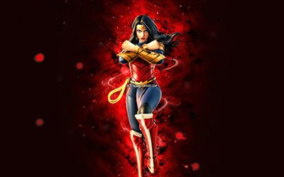 Armored Wonder Woman, 4k, red neon lights, Fortnite Battle Royale, Fortnite characters, Armored Wonder Woman Skin, Fortnite, Armored Wonder Woman Fortnite