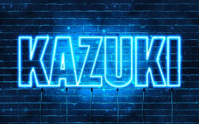 Feliz Anivers&#225;rio Kazuki, 4k, luzes de n&#233;on azuis, nome Kazuki, criativo, Anivers&#225;rio Kazuki, nomes masculinos japoneses populares, imagem com o nome Kazuki, Kazuki