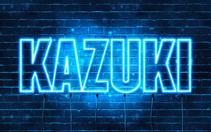 Joyeux anniversaire Kazuki, 4k, n&#233;ons bleus, nom Kazuki, cr&#233;atif, joyeux anniversaire Kazuki, anniversaire Kazuki, noms masculins japonais populaires, photo avec nom Kazuki, Kazuki