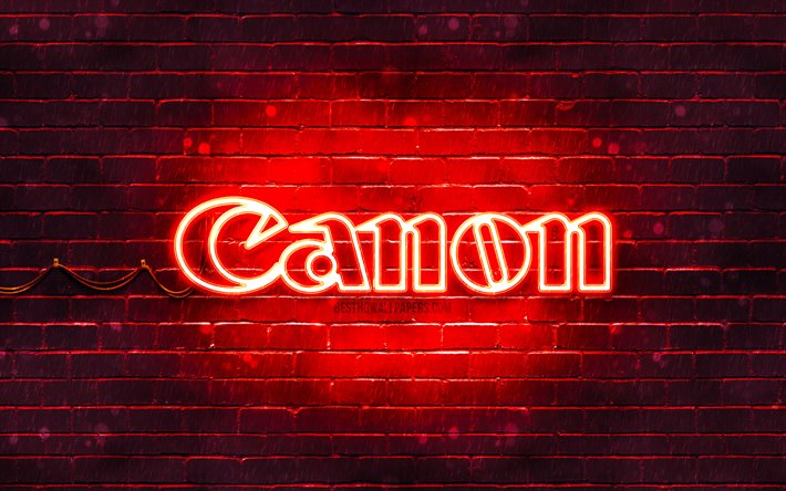 Canon punainen logo, 4k, punainen tiilisein&#228;, Canon logo, tuotemerkit, Canon neon logo, Canon