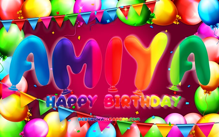 お誕生日おめでとうアミヤ, 4k, カラフルなバルーンフレーム, アミヤ名, 紫の背景, アミヤお誕生日おめでとう, アミヤ誕生日, 人気のアメリカ人女性の名前, 誕生日のコンセプト, アミヤ