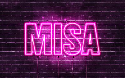 Joyeux anniversaire Misa, 4k, n&#233;ons roses, nom Misa, cr&#233;atif, joyeux anniversaire Misa, anniversaire Misa, noms f&#233;minins japonais populaires, photo avec le nom Misa, Misa