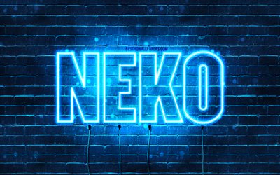 Joyeux anniversaire Neko, 4k, n&#233;ons bleus, nom Neko, cr&#233;atif, joyeux anniversaire Neko, anniversaire Neko, noms masculins japonais populaires, photo avec nom Neko, Neko