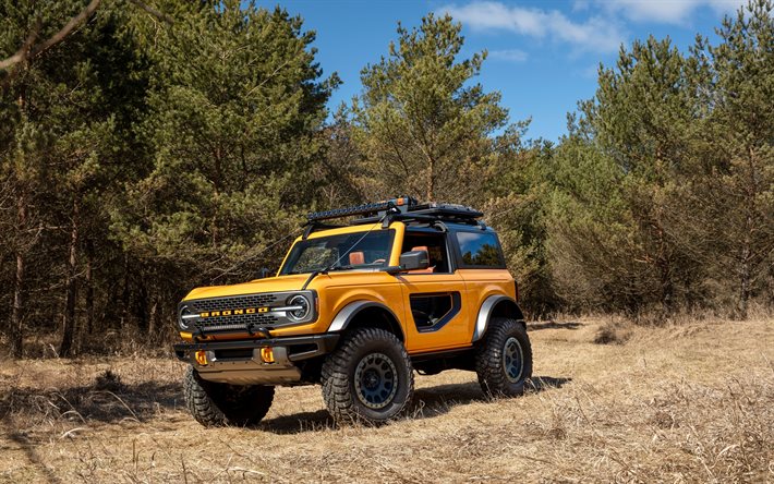 4k, Ford Bronco 2-Door Preproduction, 2020, exterior, front view, new yellow Bronco, American cars, Ford
