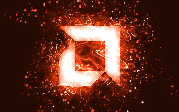 AMD oranssi logo, 4k, oranssit neon valot, luova, oranssi abstrakti tausta, AMD logo, tuotemerkit, AMD