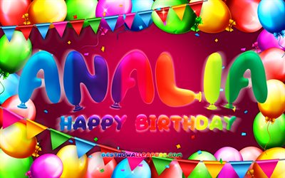 Joyeux anniversaire Analia, 4k, cadre de ballon color&#233;, nom Analia, fond violet, joyeux anniversaire Analia, anniversaire Analia, noms f&#233;minins am&#233;ricains populaires, concept d&#39;anniversaire, Analia