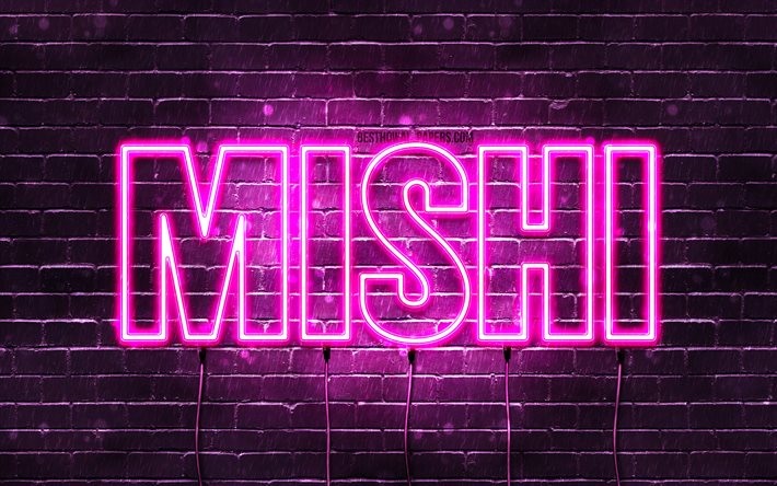 Feliz anivers&#225;rio Mishi, 4k, luzes de n&#233;on rosa, nome Mishi, criativo, Mishi Feliz anivers&#225;rio, Mishi Birthday, nomes femininos japoneses populares, imagem com nome Mishi, Mishi