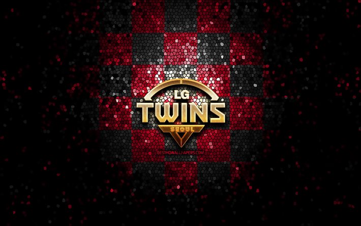 LG Twins, glitterlogotyp, KBO, lila svartrutig bakgrund, baseball, sydkoreanska basebolllag, LG Twins logotyp, mosaikkonst