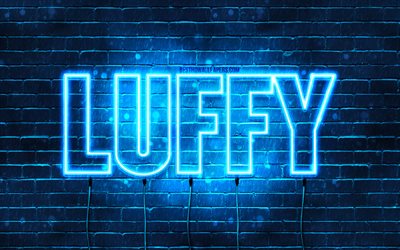Happy Birthday Luffy, 4k, blue neon lights, Luffy name, creative, Luffy Happy Birthday, Luffy Birthday, popular japanese male names, picture with Luffy name, Luffy