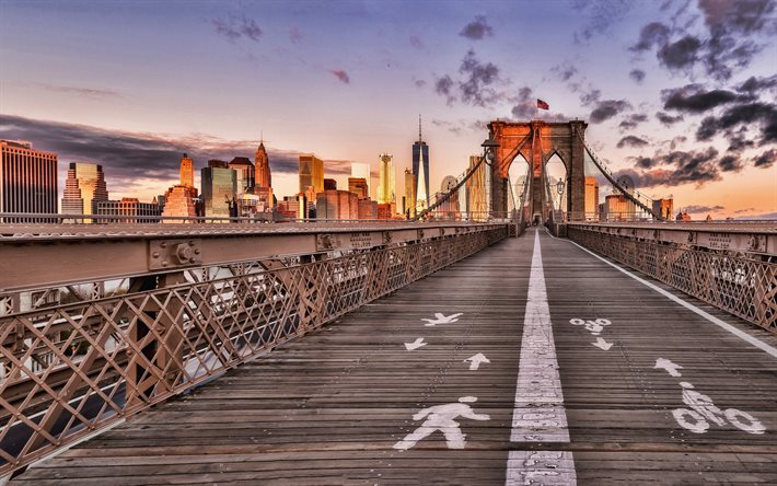 Ponte de Brooklyn, Manhattan, Nova York, noite, p&#244;r do sol, World Trade Center 1, arranha-c&#233;us, horizonte de Nova York, paisagem urbana de Nova York, EUA