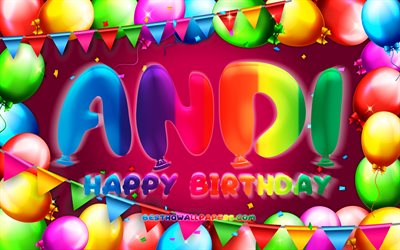 Happy Birthday Andi, 4k, colorful balloon frame, Andi name, purple background, Andi Happy Birthday, Andi Birthday, popular american female names, Birthday concept, Andi