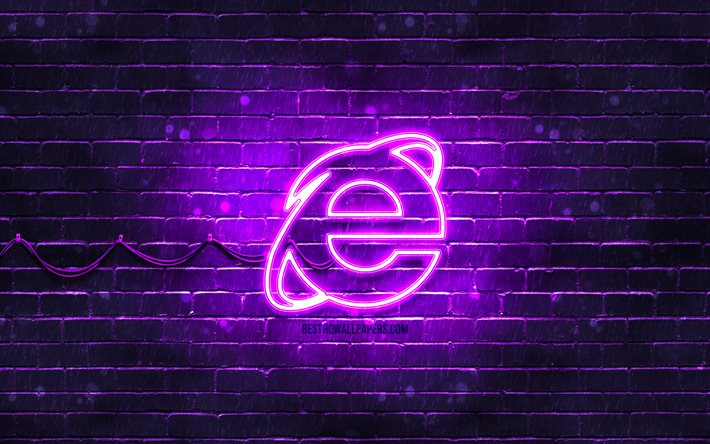 Logo violet Internet Explorer, 4k, mur de briques violet, logo Internet Explorer, marques, logo n&#233;on Internet Explorer, Internet Explorer