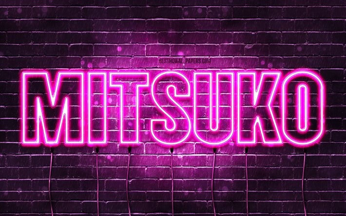 Feliz anivers&#225;rio Mitsuko, 4k, luzes de n&#233;on rosa, nome Mitsuko, criativo, Mitsuko Feliz anivers&#225;rio, Mitsuko anivers&#225;rio, nomes femininos japoneses populares, imagem com o nome Mitsuko, Mitsuko