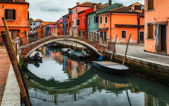 Venise, soir, coucher de soleil, canal, pont, Burano, paysage urbain de Venise, Italie