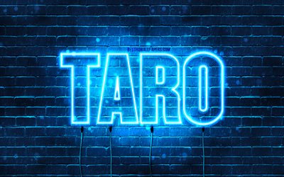 Joyeux anniversaire Taro, 4k, n&#233;ons bleus, nom de Taro, cr&#233;atif, joyeux anniversaire de Taro, anniversaire de Taro, noms masculins japonais populaires, photo avec le nom de Taro, Taro