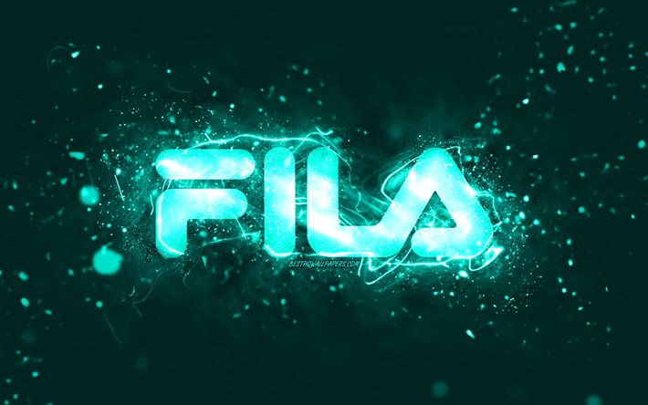 Fila turquoise logo, 4k, turquoise neon lights, creative, turquoise abstract background, Fila logo, brands, Fila
