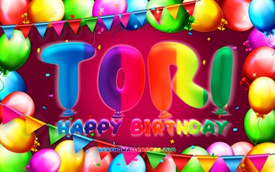 Joyeux anniversaire Tori, 4k, cadre de ballon color&#233;, nom Tori, fond violet, Tori joyeux anniversaire, Tori anniversaire, noms f&#233;minins am&#233;ricains populaires, concept d&#39;anniversaire, Tori