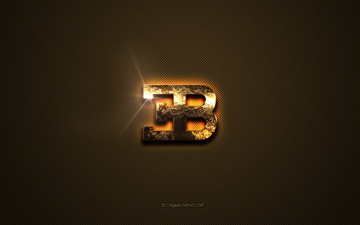 Logotipo dourado da Bugatti, arte, fundo de metal marrom, emblema da Bugatti, criativo, logotipo da Bugatti, marcas, Bugatti