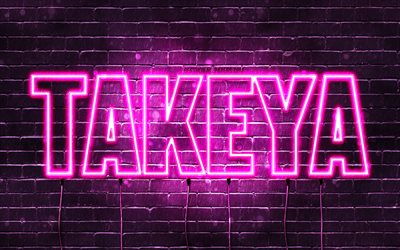 Happy Birthday Takeya, 4k, pink neon lights, Takeya name, creative, Takeya Happy Birthday, Takeya Birthday, popular japanese female names, picture with Takeya name, Takeya