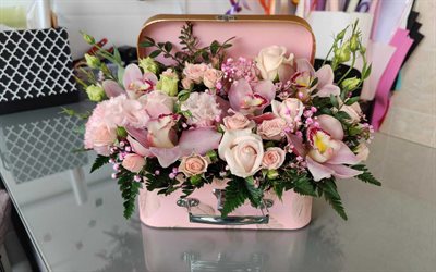 pink suitcase with roses, flower decoration, bouquet of roses, original decoration of roses, beautiful flowers