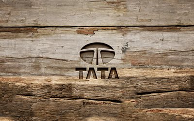 Logotipo da Tata em madeira, 4K, planos de fundo em madeira, marcas de carros, logotipo da Tata, criativo, escultura em madeira, Tata